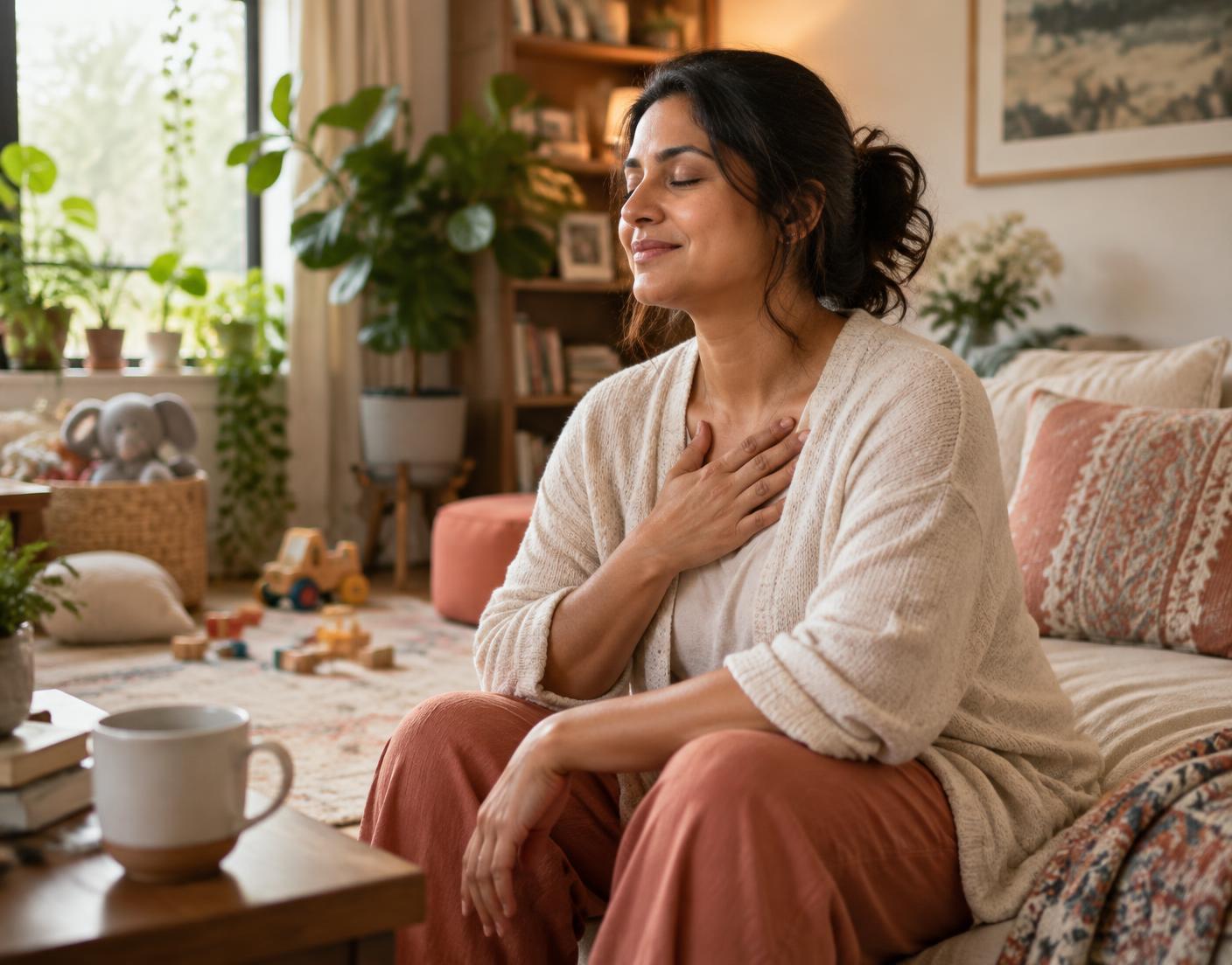 A mother pausing with a hand on her heart in a peaceful family room